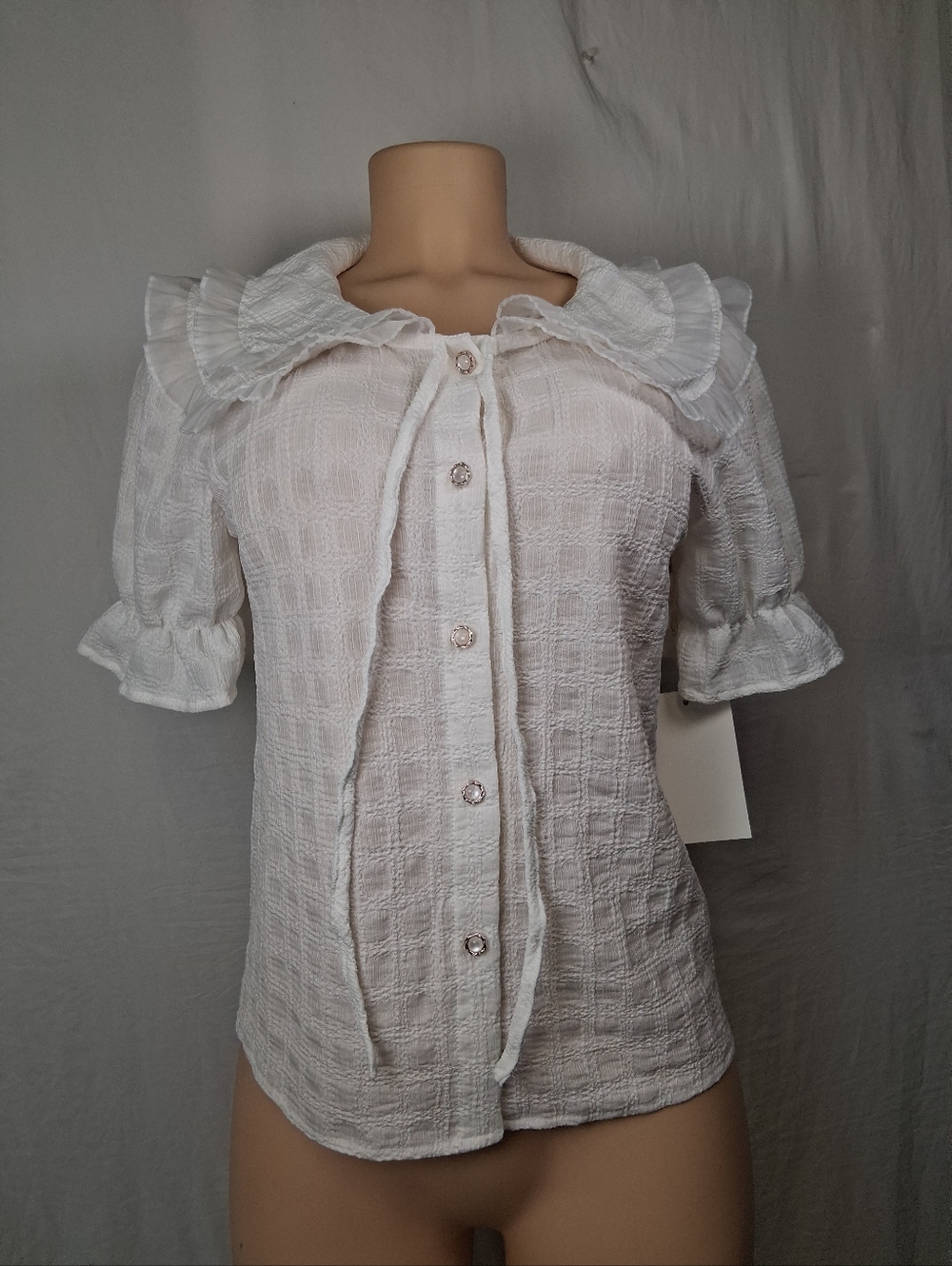 Cocoblue New Women's White Ruffled Collar Button-Front Top - Picture 9 of 15